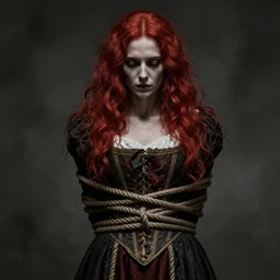 dark schizophrenia portrait, death ultra red head woman in medieval dress, strangled with rope, not face, victorian style, high detail