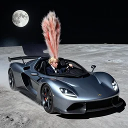 Boris Johnson driving a super car on the moon