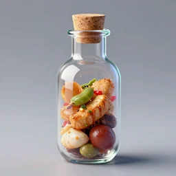 art, food capsules cyberpunk, anime food in a flask with a cork inside a glass cone, spicy, noodles, egg, paprika, potatoes, meat, cooked, hot sauce