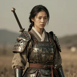 a portrait of a female korean warrior, rustic and weathered, retro. trending on artstation, ambient lighting, 4k render, ultra hd, behance art
