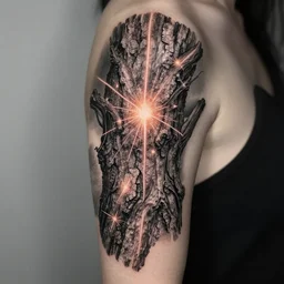 intricate esoteric tatoos, sparks, tree bark, photorealistic, hd, trending on artstation