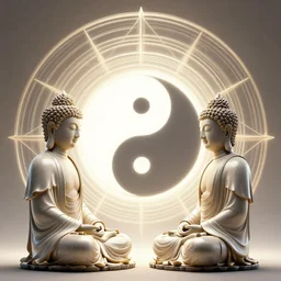 2 d techno buddah dreaming of the ying yang in front of concentric geometric radial sun portal with ancient wuji symbols embedded within it, black fine lines, ornate details, hyper realism, yoshitaka amano, alphonse mucha