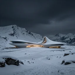 a snowy mountain scene by arthur haas and bruce pennington and john schoenherr, cinematic matte painting, minimal modern, zaha hadid building, photo realism, neon lights, dark moody color palate,