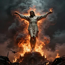 christo redentor surrounded by fire and smoke, concept art by kamal ud - din behzad, featured on deviantart, unilalianism, hellish, reimagined by industrial light and magic, lovecraftian
