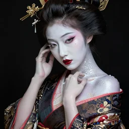glamorous and sexy Geisha portrait, beautiful pale makeup, pearlescent skin, seductive, lacivious elegant pose, very detailed face, highly detailed kimono, photorealism, portrait by Magali Villeneuve and Steve Argyle,Livia Prima,Mucha,dress,fantasy art,beautiful,artstation,trending on artstation,intricate details,alluring,masterpiece