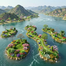 a gorgeous very early spring series of lush islands separated by flower - lined streams, twisted gardens, flowers, fronds, painting by barlowe wayne maxfield parrish and marco mazzoni. tree no leaf!!!! china mountain village!! very little light verdancy. ultra clear detailed. 3 d, octane render. turbulent blood lake.
