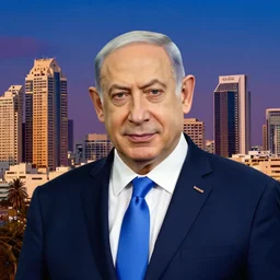portrait of Benjamin Netanyahu, Tel-Aviv skyline background, rich vivid colors, ambient lighting, dynamic lighting, 4k, HQ, official media, detailed, trending on artstation
