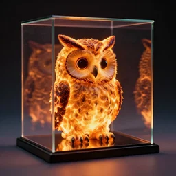 an owl that is on fire, shaped like a cube, inside a glass box, hyperrealism photography