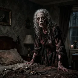 in a dark bedroom a grotesque old woman standing by my bed at night, photorealistic horror, ultra realistic, dark gloomy