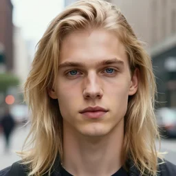 a beautiful young man, blond, long hair, blue eyes, fair skin, in the middle of the city, detailed face and hair, hyper realistic