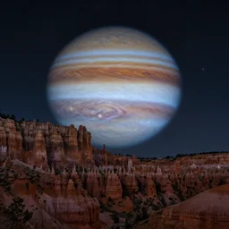 a beautiful double exposure of an astrophotography image of jupiter, and a night time landscape with towering mountains, lpoty, award winning, apod