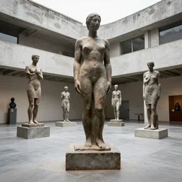sculptures in a brutalist museum