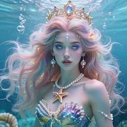 lea seydoux portrait, fantasy, mermaid, hyperrealistic, game character, underwater, highly detailed, sharp focus, cinematic lighting, pearls, glowing hair, shells, gills, crown, water, highlights, starfish, jewelry, realistic, digital art, pastel, magic, fiction, ocean, king, colorful hair, sparkly eyes, fish, heroic, goddess, waves, bubbles, queen