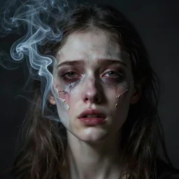 creepy broken crying face of woman made of smoke, beksinski, deep eyes, dark atmosphere
