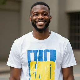 realistic smiling black man with white t - shirt and large blue and yellow text