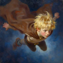 blonde boy wearing a brown cape and flying, closeup, powerful, space background, oil painting, brush strokes, greg rutkowski