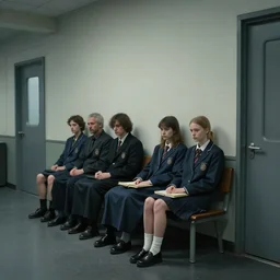 sadie sink in oversized school uniform. waits on a bench | a bench along a wall. next to a door. in an office building. concept art for scifi dystopian film. by nikolay makovsky, bob byerley, wadim kashin, andrea kowch. cinematic moody atmosphere, detailed and intricate, perfect anatomy