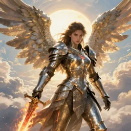 A beautiful fierce angel wearing metal battle armor and a flaming sword, among heavenly sunlit clouds, close-up, intricate, elegant, digital painting, golden hour, cinematic, trending on artstation, concept art, smooth, sharp focus, illustration, art by artgerm and Greg Rutkowski and Alphonse Mucha