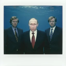 close medium shot, vladimir putin standing still, underwater polaroid photo, vintage, neutral colors, underwater, by shawn heinrichs and gregory crewdson