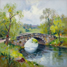 acrylic painting, impressionism and expressionism, bold colors, expressive brushstrokes. a stone bridge over a river in riverwood, skyrim. raining. wide - angle shot. overcast. springtime. fantasy art by wadim kashin, cgsociety, nature art