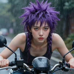 perfect portrait of a realistic girl rding a motorbike in a light rain with violet punk hair , hyperrealistic painting , perfect, wild , hyperrealistic face and perfect and wild eyes