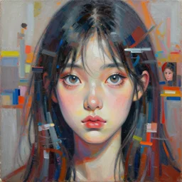 thinking crisis, girl with big eyes by ryan hewett, olaf hajek, alex beck, zeen chin, dan mccaw abstract, a level art, palette knife painting, hyper detailed, artstation