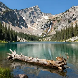 mountain lake in sierra nevada, mountain with a waterfall in the background, deers drinking water in the lake, old fallen tree half - submerged into the lake, illustration, epic, fantasy, intricate, hyper detailed, artstation, concept art, smooth, sharp focus, ray tracing, vibrant, photorealistic, jessica rossier