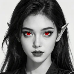 Digital portrait of a beautiful half-elf half-vampire young woman. Black and white hair. Red irises, vertical pupils. Award-winning digital art, trending on ArtStation
