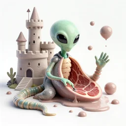 pop - wonder - nft alien - meat half - tone - art of a tardigrade wading through the goopy - muck and slithering about the castle side delights on a melted cheesy day in a hand - drawn vector, svg, cult - classic - comic - style