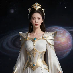 portrait of the powerful empress of the solar system in the style of christophe young. glowing, ornate and intricate linework, stunning, dynamic lighting, ultrafine and hyperdetailed.