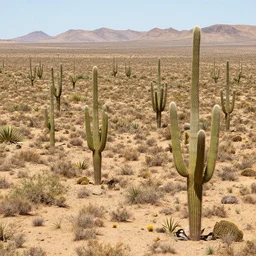 A vast desert with large cactuses sprouting up from the ground