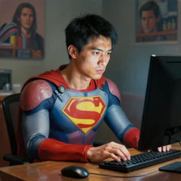 an insanely detailed painting of an asian man wearing a homemade superhero costume, realistic face, sitting at a desk, staring seriously at the computer and typing, in the style of peter mohrbacher, james jean, artgerm, dramatic lighting and composition, surreal background, octane render, pixar, trending on artstation, concept art, comic book, 8 k