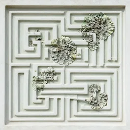 thin lines, fractals, lichen macro, serpentine twisty maze, carved soapstone ceiling relief paneling white and pale green