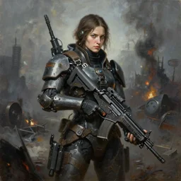grim oil portrait painting of weaponized high technology battlefield, magali villeneuve, trending on artstation
