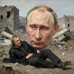 vladimir putin, is beggar on ground, despair, homeless, ruined city, by william logsdail and augustus edwin mulready, realistic face