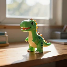 dinosaur themed polly pocket playset, sat on a wooden study desk in front of a window, god rays, dust particles, photorealistic, aesthetic shot, worms eye view, macro camera lens, high definition, thematic, cinematic, lens flare