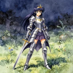 highly detailed watercolor, dark magical fairy princess girl, sword, fantasy anime ornate armor, midnight meadow, nostalgia for a fairytale, magic realism, vivid colors, by charles vess, anato finnstark, cinematic lighting, beautiful face by leyendecker