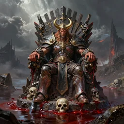 Warhammer fantasy painting of Elmo as Khorne, sitting on the Skull Throne surrounded by a lake of blood.