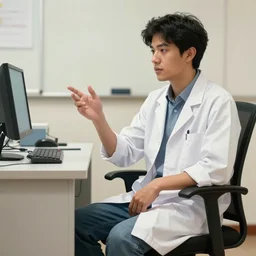 a beautiful artwork of a young male scientist with black hair and white shirt sitting on an office chair explaining something by Jerome Opeña, featured on artstation