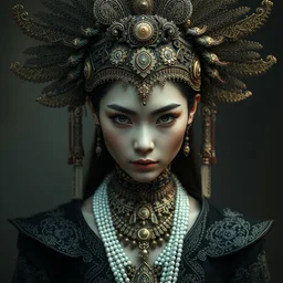 portrait of beautiful thai female model by irakli nadar with intricate detailed thai traditional headdress and clothing, haunting, elite, elegant, ruan jia, dark, hyper detailed, concept art, by gustav klimt,
