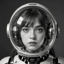 a robot cyborg girl with a big shiny spherical glass helmet, looking straight at the camera. close-up, 12mm wide-angle, monochrome, high contrast, studio lighting