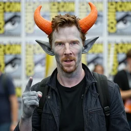 benedict cumberbatch cosplaying a homestuck troll character with orange horns and grey skin on a comic con, 4 k resolution detailed photo,