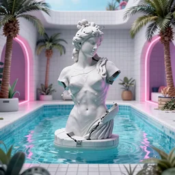 a broken statue in a surreal underground white tiled swimming pool surrounded by neon lights and palm trees in vapor wave style, 3D octane render, hyperrealistic, dramatic lighting, unreal engine, houdini, 8k, 4k, raytracing