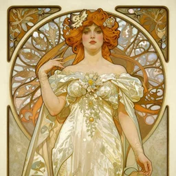 an art nouveau painting of a girl resembling alicia vikander or millie bobby brown in a wedding dress, highly detailed, intricate, artstation, by alphonse mucha