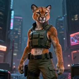 female furry anthro mountain lion wearing a bullet proof vest and cargo pants. cyberpunk city at night in the rain. hyper detailed, dynamic background, digital art, trending in artstation, cinematic lighting, studio quality, smooth render, unreal engine 5 rendered, octane rendered, art style by klimt and nixeu and ian sprigger and wlop and krenz cushart