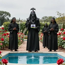papa legba being being worshipped by a haitian death cult wearing black robes in a rose garden with a reflective pool, by Zdzislaw Beksinski and amanda sage and h.r. giger and thomas kinkade in a surreal dark horror style, oil on canvas, 8k, hd,