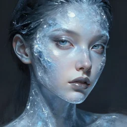 portrait of a woman, her skin is made out of reflective ice, deep focus, intricate, highly detailed, digital painting, artstation, concept art, matte, sharp focus, illustration, art by artgerm and greg rutkowski, wlop, artgerm, royo
