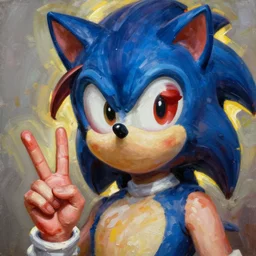 female Sonic wearing makeup, peace sign, painted by Zdzisław Beksiński, expressive beautiful painting, award winning, trending on artstation, deviantart, mastercraft, raytraced, detailed, high quality, key visual, sharp, backlit, gorgeous lighting, HDR, ultrahd, 4k, 8k, ultra-high resolution