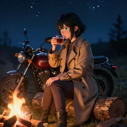 A hyper realistic 3d anime girl by WLOP with short black hair and green eyes in a tan trenchcoat sitting on a log and drinking tea by the campfire by her motorcycle at night under the stars, evocative, mystical night, very very very very detailed, award winning, masterpiece digital painting by Greg Rutkowski, Alex Grey, artstation, 4k wallpaper