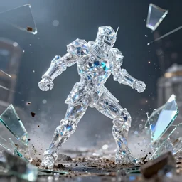 diamond knight, made of crystal, bokeh, broken mirrors, holographic light, cinematic lighting, battle scene, 8 k, vray render, dirty, defeat,